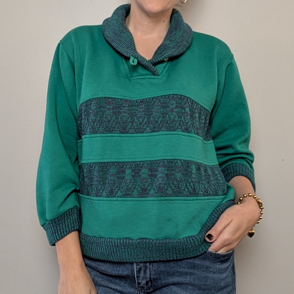 Vintage Lady Footlocker Green Shawl Collar Striped Sweatshirt, Size L - Picture 1 of 10
